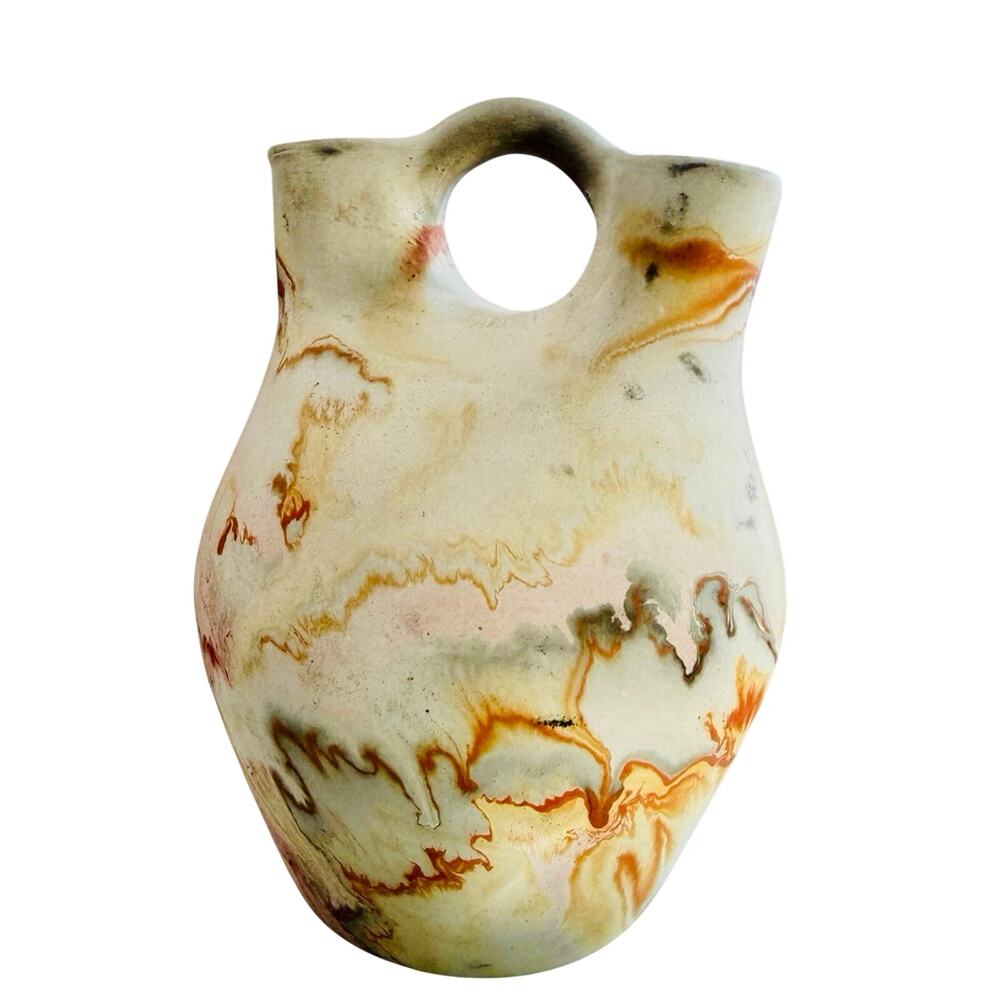 Vintage Nemadji Pottery Wedding Vase Marbled Swirl Handled USA 6"